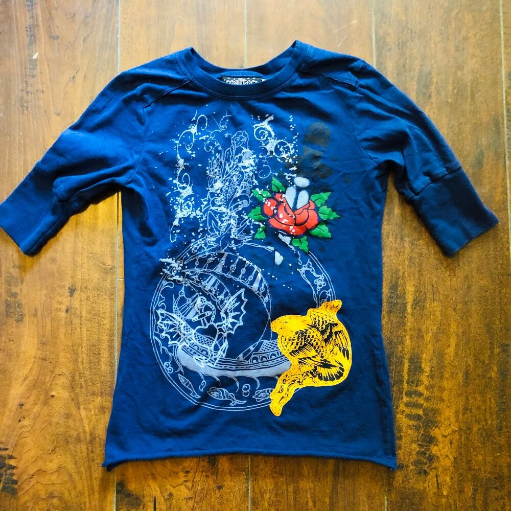 VINTAGE Y2K NAVY BLUE HALF SLV SHIRT